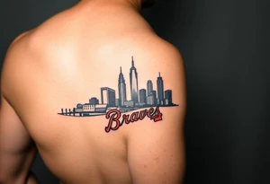 Atlanta skyline with Braves logo leg sleeve tattoo idea