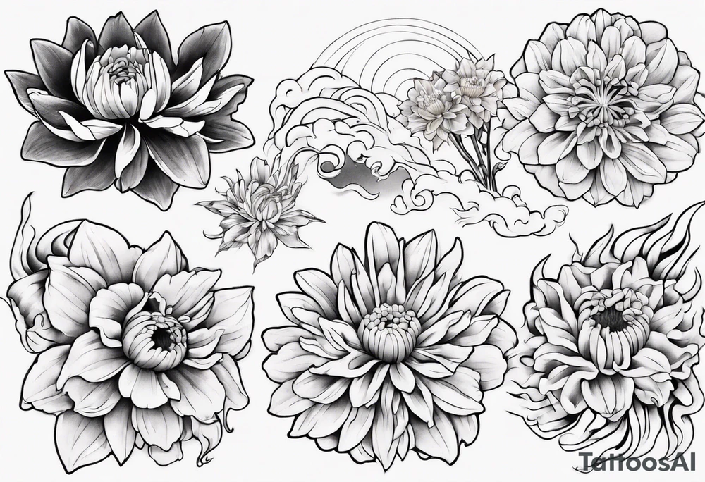 Japanese style tattoo background daffodils, chrysanthemum and waves tattoo idea