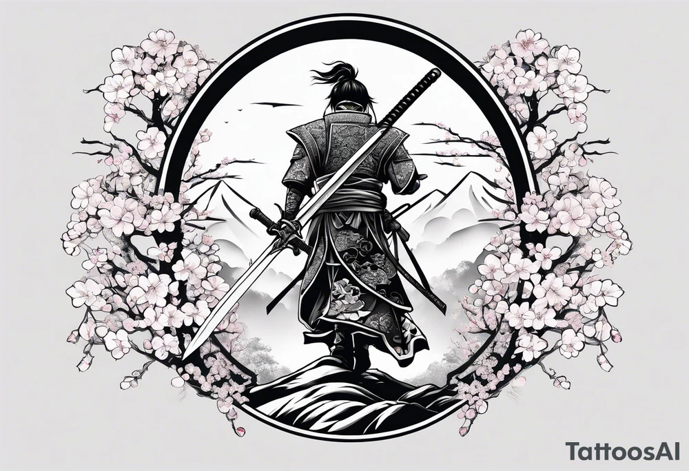 sword with a sakura tree tattoo idea