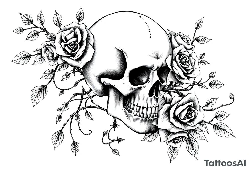 gothic skull intertwined with climbing roses and thorny vines tattoo idea