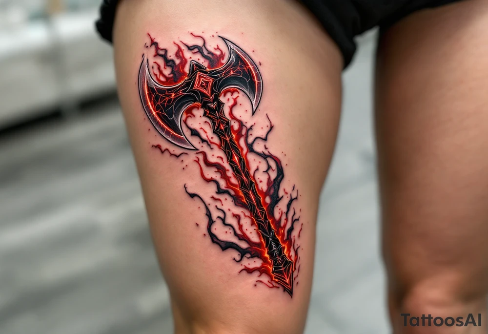 A deep red Perun’s axe glows with power, symbolizing strength and masculine energy. tattoo idea
