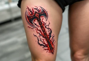 A deep red Perun’s axe glows with power, symbolizing strength and masculine energy. tattoo idea