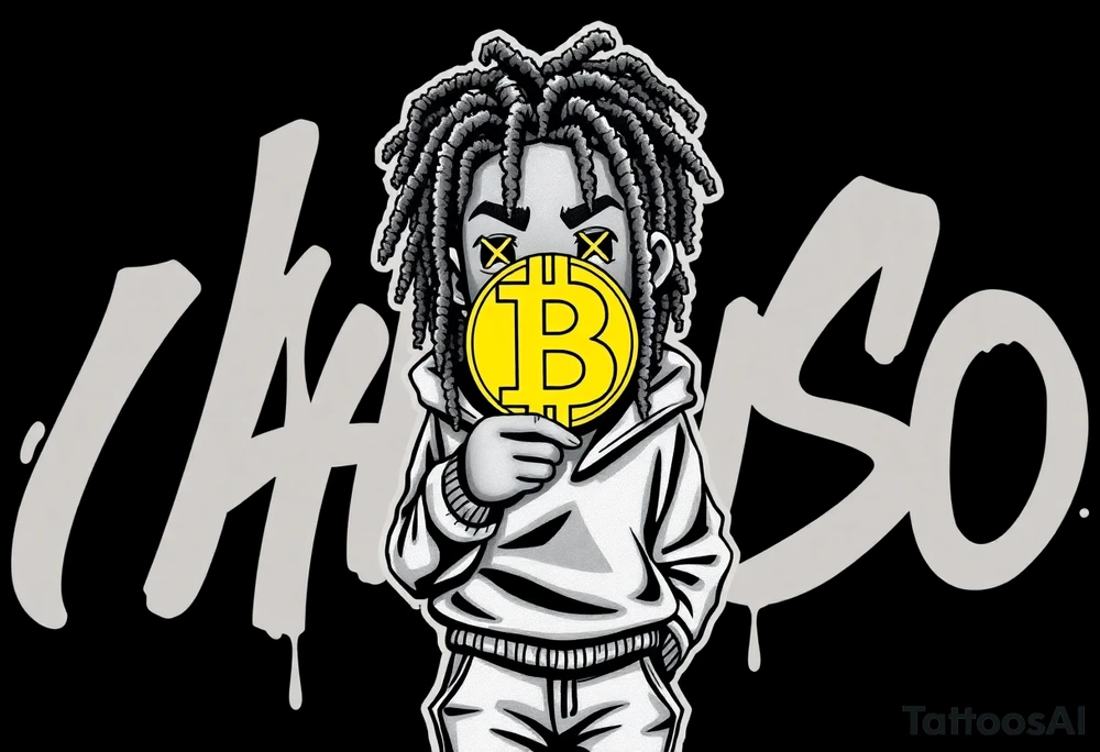 Create a tattoo stencil Use a street-art / pop-art vibe with a cartoon figure with dreadlocs holding a bitcoin to cover his eyes have bold lines, “x” for eyes. make them have on a hoodie and jogger sweatpants have in the background in graffiti letters “Jaruso”.  Can you add PlayStation controls in the background tattoo idea
