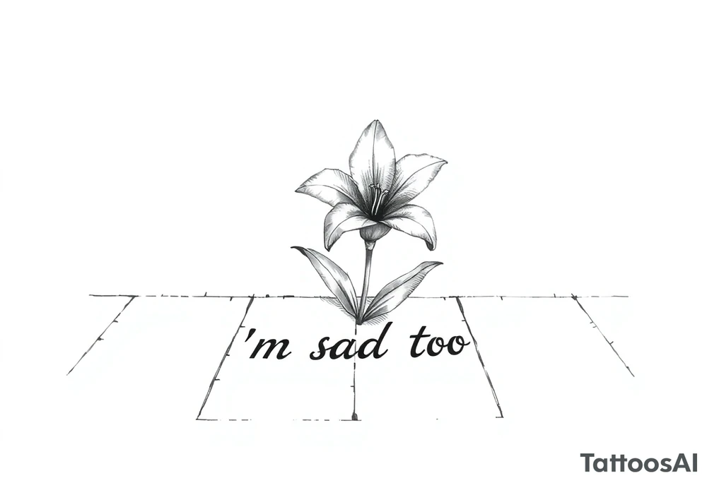 Lily growing out of tile floor with the words I’m sad too written small in the grout between two tiles tattoo idea