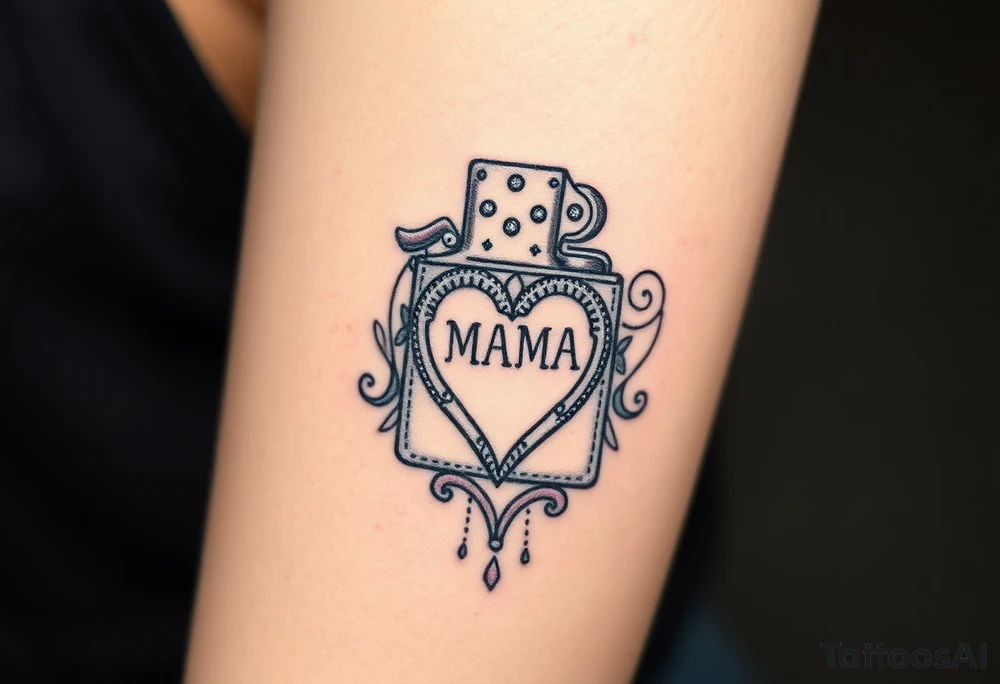 A traditional style tattoo design of a vintage zippo lighter with a traditional mom heart on the front with the words quote “MAMA” tattoo idea