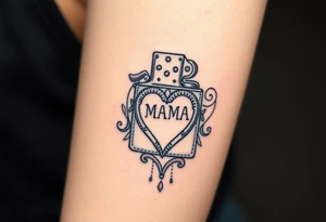 A traditional style tattoo design of a vintage zippo lighter with a traditional mom heart on the front with the words quote “MAMA” tattoo idea