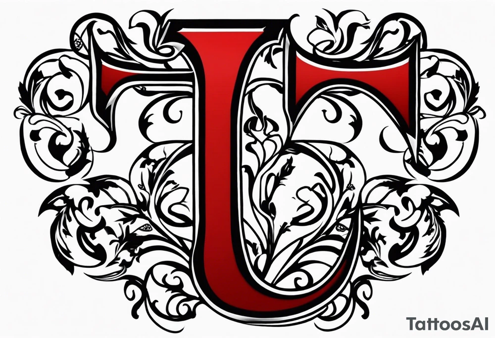 letter "T" in old english style, red and black colors only, 4k resolution, high quality tattoo idea