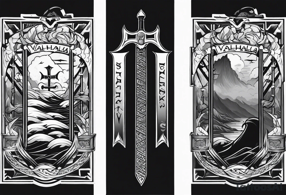 Valhalla 
 sword stairs axe mist fog tattoo idea