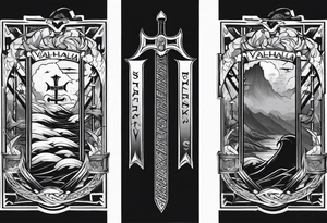 Valhalla 
 sword stairs axe mist fog tattoo idea