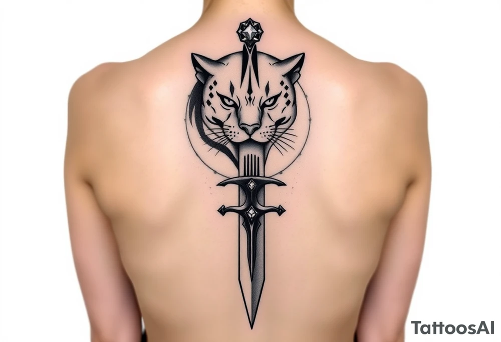 mystical panther around an ancient dagger with jeweled hilt tattoo idea