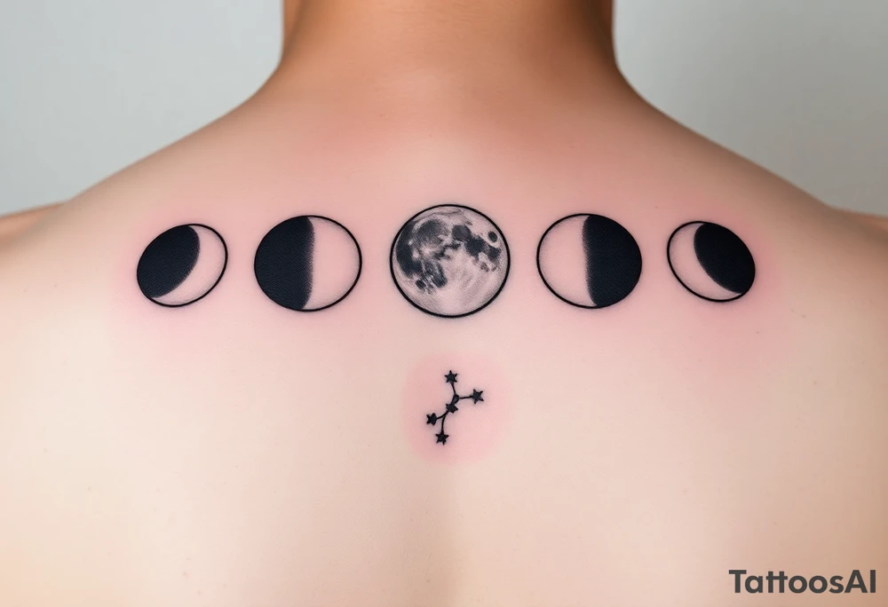 I’d like a vertical tattoo featuring five moon phases in this order: waxing crescent, third quarter, full moon, first quarter, third quarter. Behind the moons, I want the Capricorn constellation represented only by the star points—no connecting lines—arranged in the correct shape. The style should be minimalistic, celestial, and elegant tattoo idea
