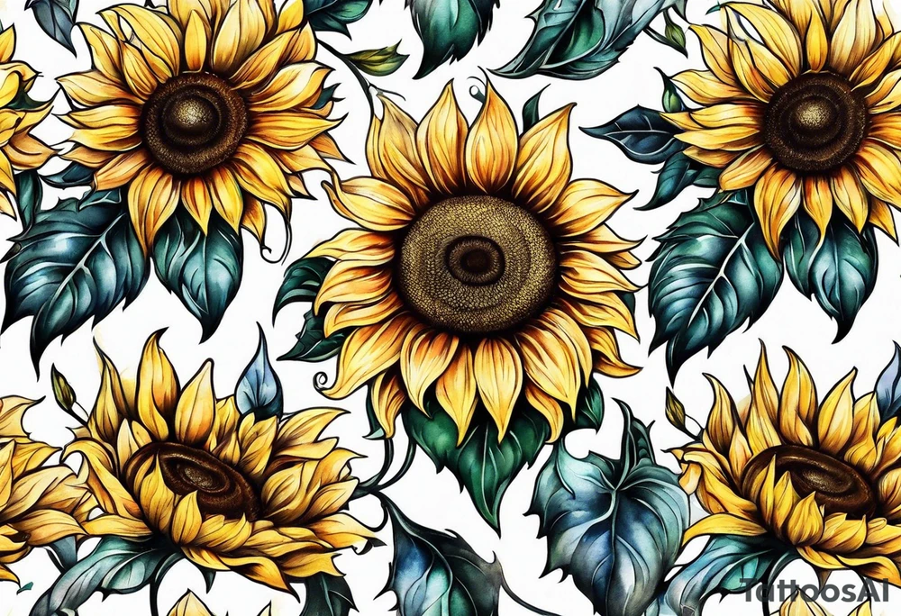 Sunflowers and angel wings leg sleeve tattoo idea