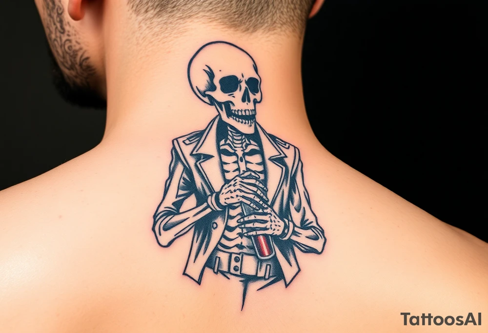 evil skeleton in clothes getting drunk tattoo idea