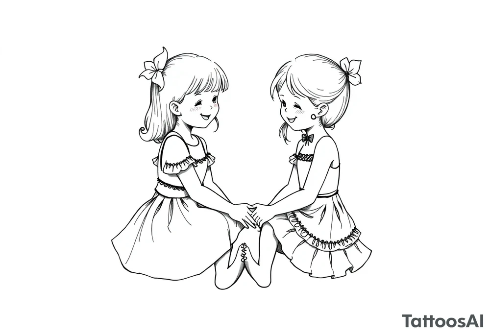 Zwei grinsende kleine mädchen sitzen sich gegenüber eine hat einen Dutt die andere einen Zopf und sie berühren sich an den Fußsohlen seitenansicht tattoo idea
