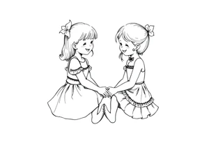 Zwei grinsende kleine mädchen sitzen sich gegenüber eine hat einen Dutt die andere einen Zopf und sie berühren sich an den Fußsohlen seitenansicht tattoo idea
