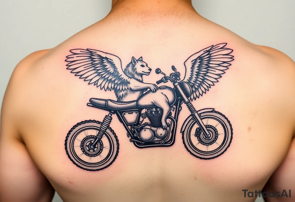 a motorcycle on it with guardian angel wolves on the bike tattoo idea
