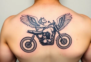 a motorcycle on it with guardian angel wolves on the bike tattoo idea