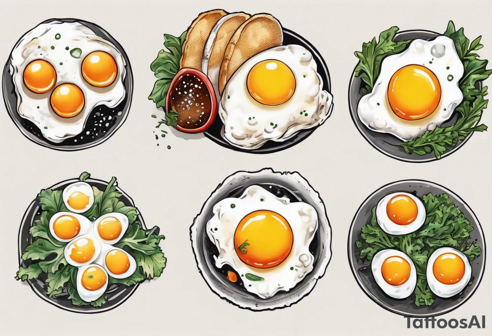 A round, thin 5 fried eggs with salt pepper and a bit greens and sredded cheese on the top tattoo idea