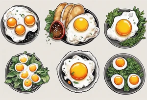 A round, thin 5 fried eggs with salt pepper and a bit greens and sredded cheese on the top tattoo idea