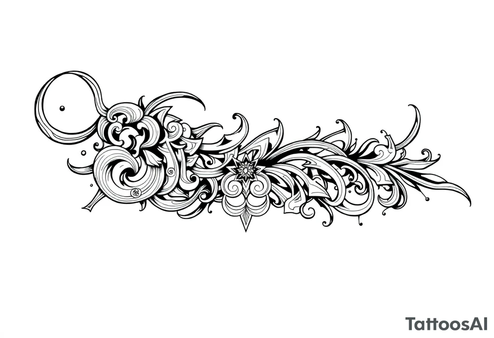 long shaman  style mytical bold line with ancient rhyme tattoo idea