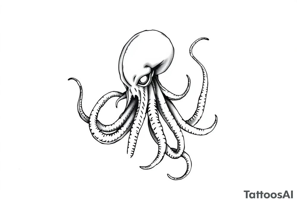 A minimalist blackwork tattoo design of an evil kraken The kraken is viewed from a 45-degree angle facing left, with its head centered. The tentacles extend only to the left and right, with none going downward beneath the head. the tentacles are quite long reaching to the left and right. The style is clean, fine-line detailing with bold outlines, avoiding heavy shading. The tentacles should be fluid, aggressive, and striking, enhancing the menacing and eerie look of the kraken while maintaining a cohesive design for a tattoo sleeve. tattoo idea