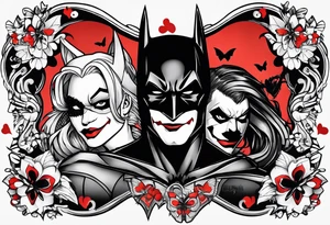 Small Batman and joker with Harley Quinn tattoo with butterflies and lots of color tattoo idea