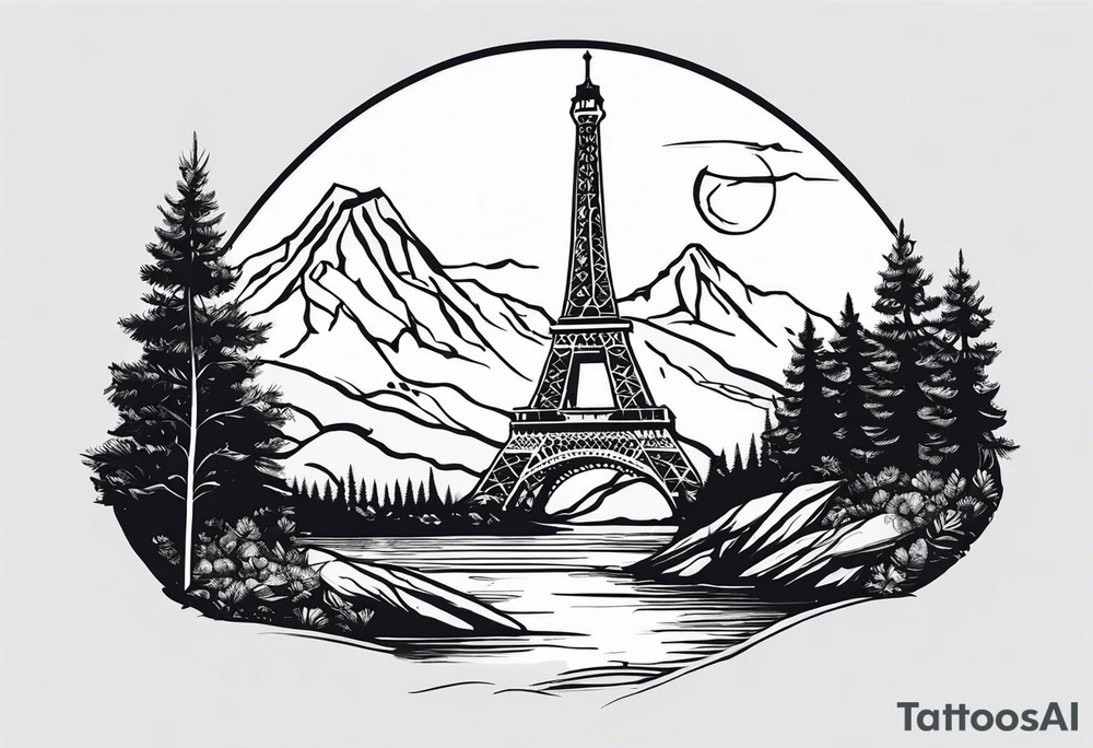 a river flowing beneath eagle's nest next to the eiffel tower next to a mountain chain tattoo idea