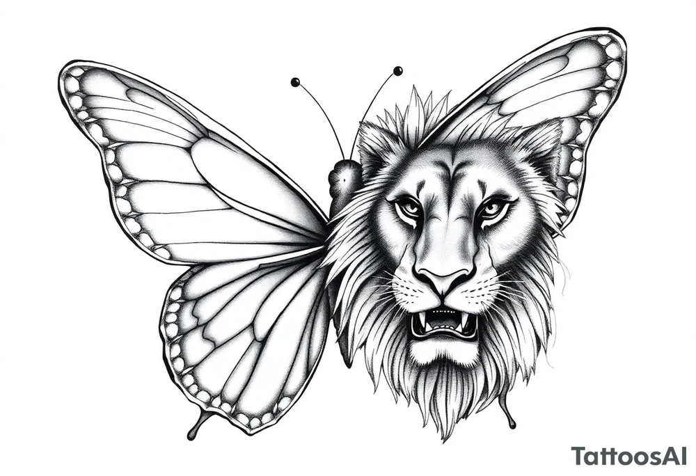 a butterfly half side with lions face tattoo idea