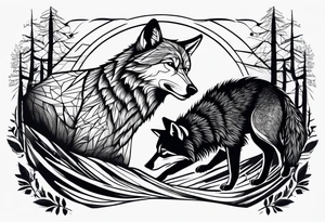 fight between Wolf and raccoon
Background Woods tattoo idea
