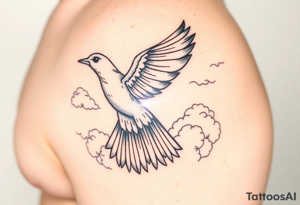 Dove and a blue jay, clouds, shining light to or from heaven tattoo idea
