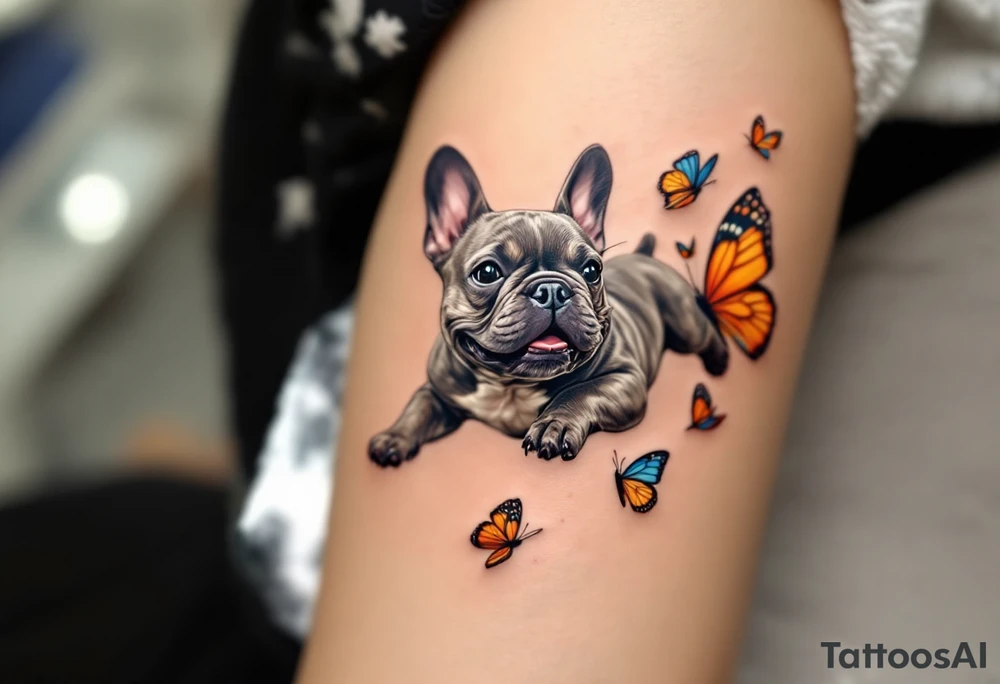 French Bulldog chasing butterflies, mid-leap with joyful expression, brindle coat with small orange and blue butterflies around. tattoo idea
