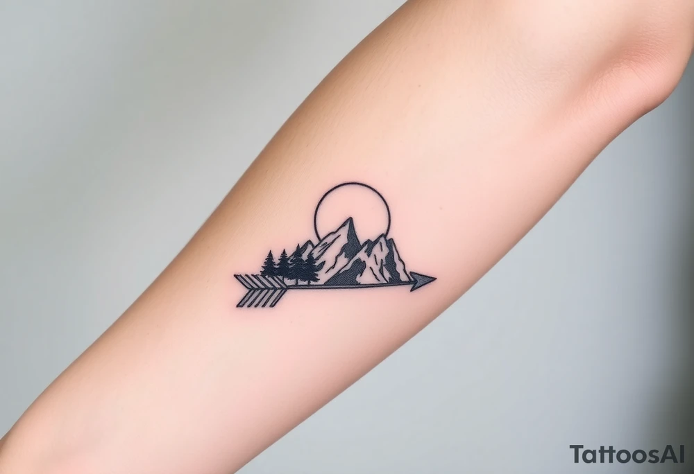 Mountains sun sea trees on an arrow like design tattoo idea Mountains sun sea trees on an arrow like design tattoo idea