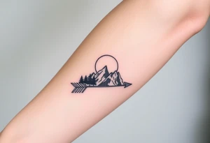 Mountains sun sea trees on an arrow like design tattoo idea