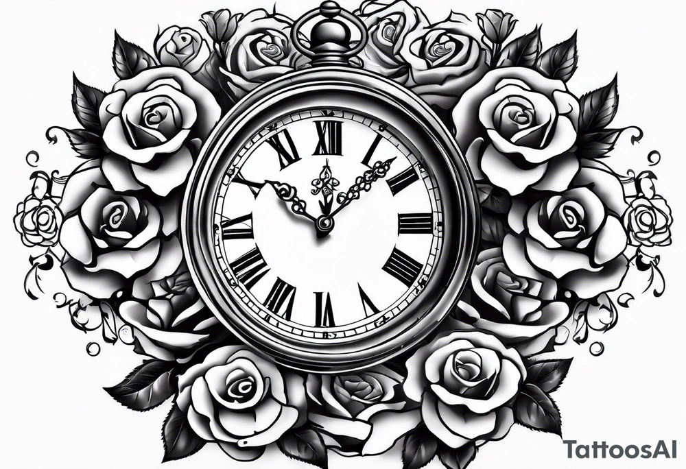 Pocket clock with chain and roses tattoo idea