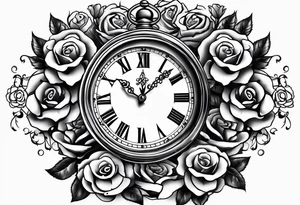 Pocket clock with chain and roses tattoo idea