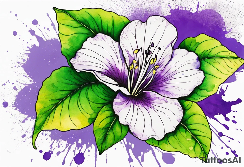An outline of a green rio dipladenia flower and a purple watercolor splash in the background tattoo idea