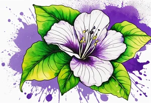 An outline of a green rio dipladenia flower and a purple watercolor splash in the background tattoo idea