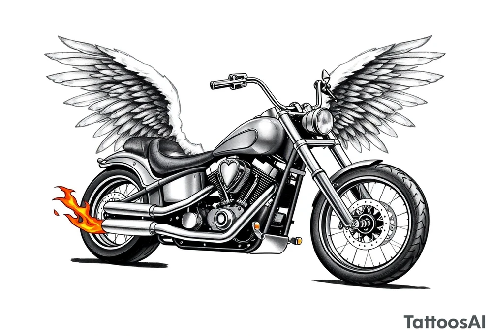 Low rider grey motorcycle, big muffler pipes with flames, angel wings, driving away, no person tattoo idea