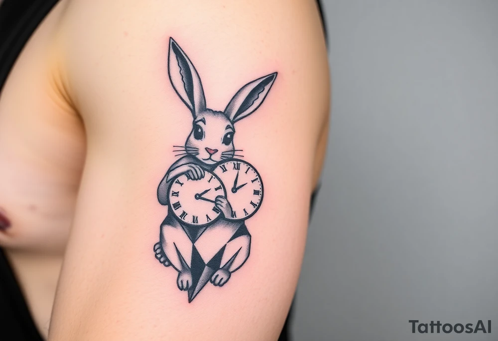 Geometrical rabbit holding a clock tattoo idea