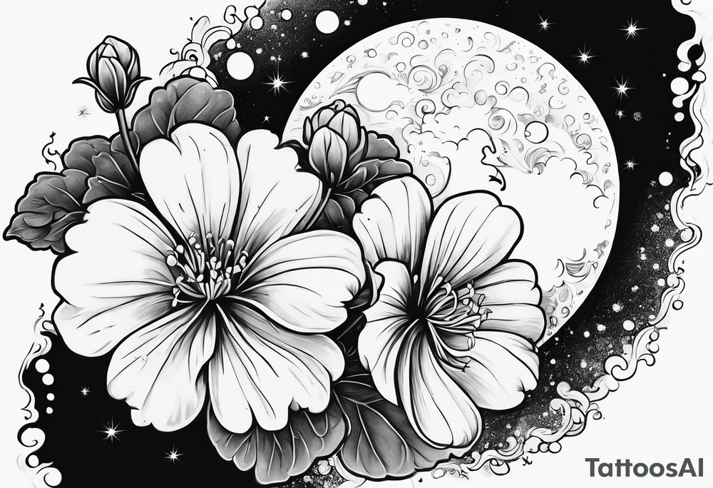 Geraniums as rain clouds with a crescent moon behind tattoo idea