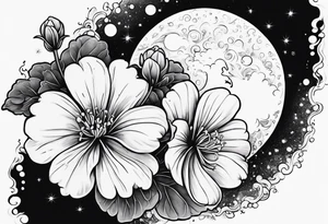 Geraniums as rain clouds with a crescent moon behind tattoo idea
