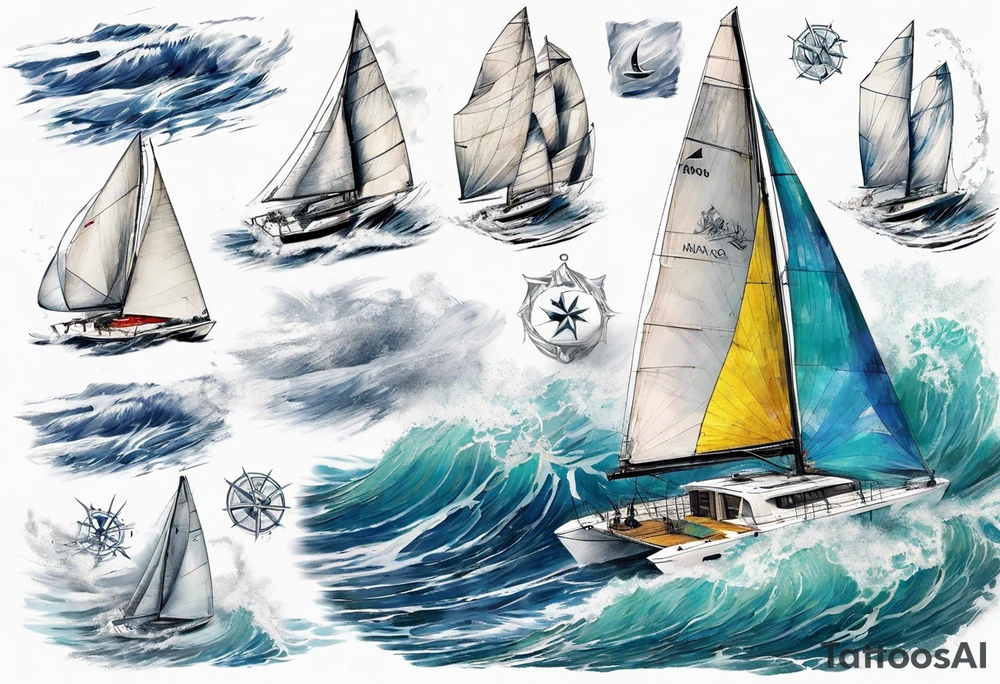Sailing Catamaran in Rough weather and waves tattoo idea