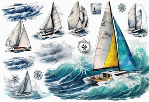 Sailing Catamaran in Rough weather and waves tattoo idea