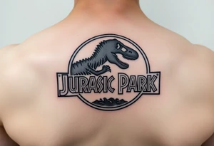 Jurassic Park logo with the dinosaur holding a stick tattoo idea