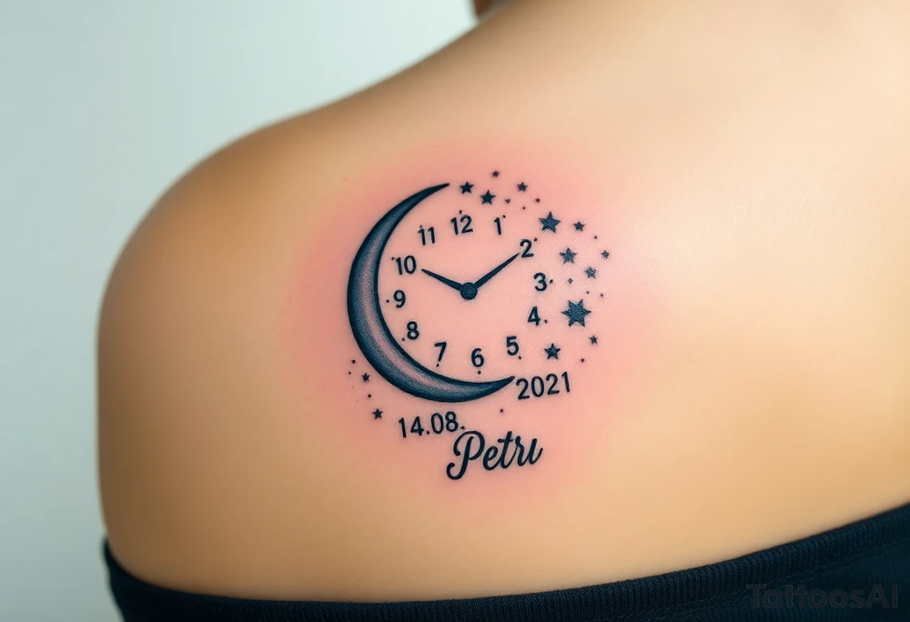 A minimalist crescent moon clock, surrounded by stardust and the child’s birth date "14. 08. 2021" and name "Petr" written in the stars, in midnight blue and silver tattoo idea