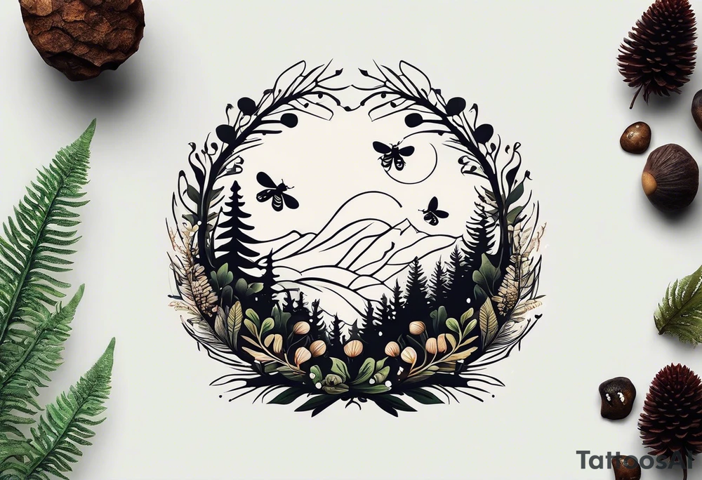 forest floor inspired minimalist tattoo, which includes grass, curly ferns, moss and dead leaves as the bulk of the tattoo. details to include: forest berries, a tiny bumblebee flying nearby, three small brown mushrooms
Generate a vertically long one tattoo idea