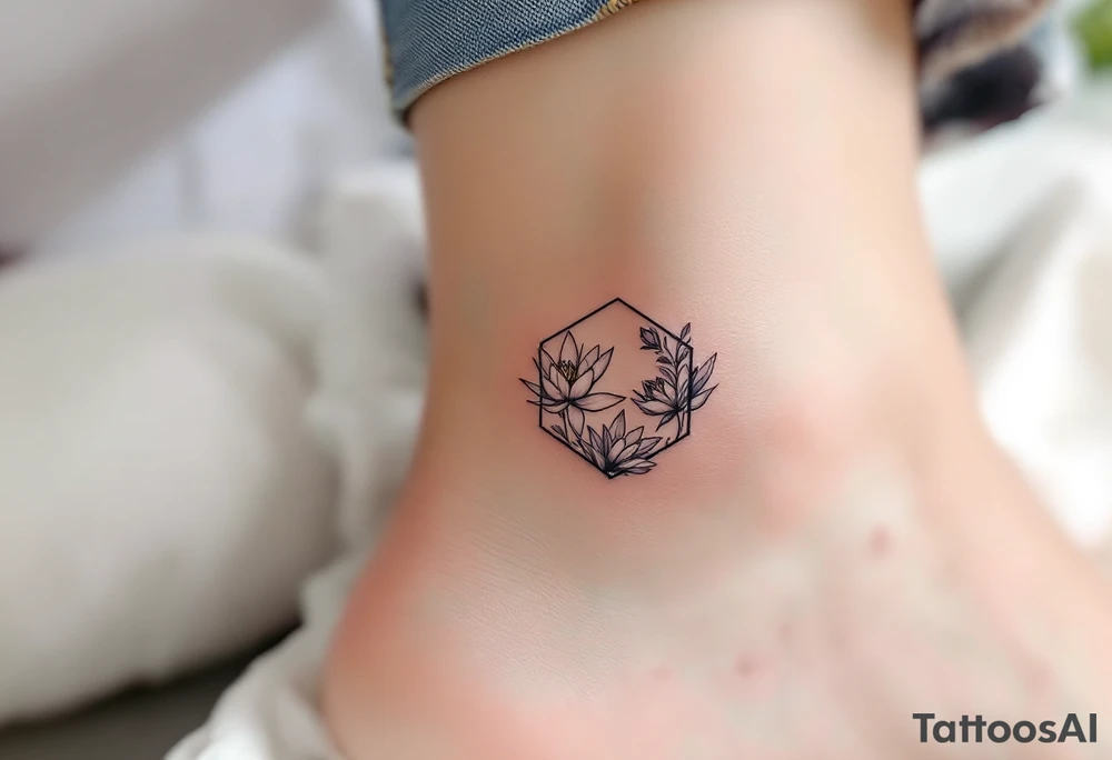 Faint Hexagon with Leo, larkspur and water lilies in the center tattoo idea