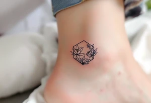 Faint Hexagon with Leo, larkspur and water lilies in the center tattoo idea