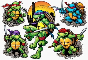 all four teenage mutant ninja turtles fighting enemies in a cityscape tattoo idea