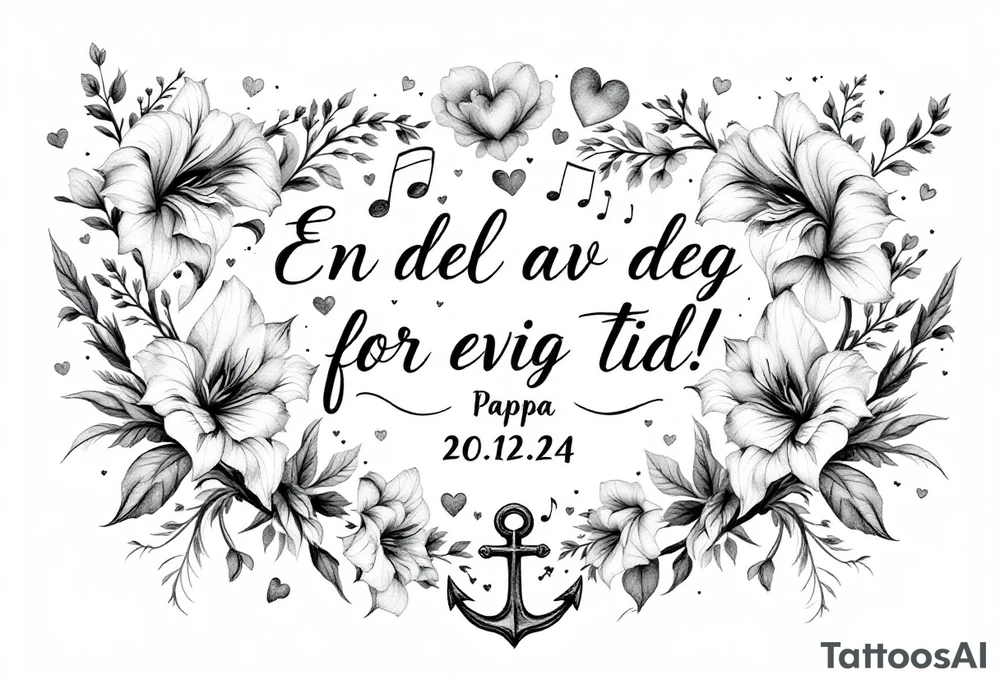 «En del av deg for evig tid!
Pappa 20.12.24» Surrounded by long gladiolus, hearts, notes and an anchor. tattoo idea